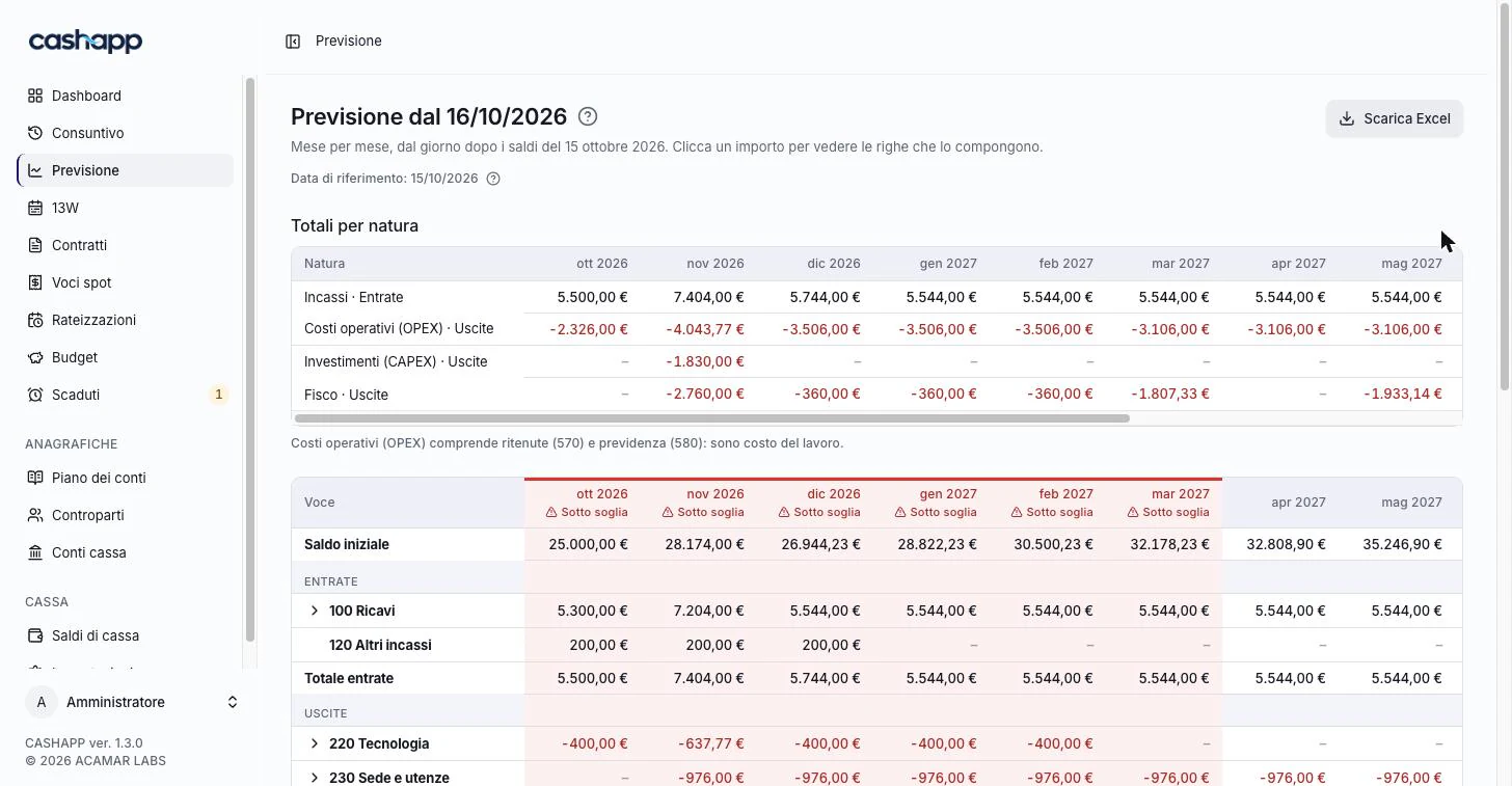 Forecast. Totals by type and detail by item, month by month.